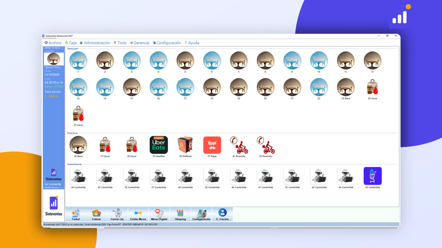 Pantalla principal de Sisteventas con mesas, pedidos para llevar y ventas por internet